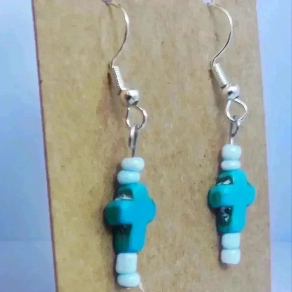 925 silver turquoise cross earrings handmade - Picture 3 of 3